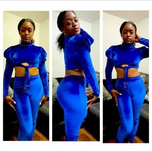 Blue velvet ruched sleeve two piece set